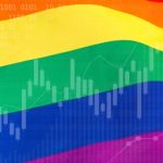 A rainbow flag featuring a stock chart, symbolizing diversity and financial growth together.