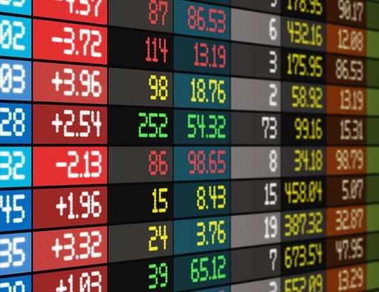 Colorful stock market trading board displaying various stock prices and trends.