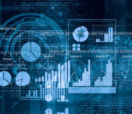 A blue background featuring various graphs and charts in different colors and styles.