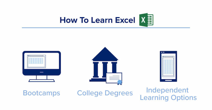 Chat showing different options for learning excel: bootcamps, college, and independent learning options