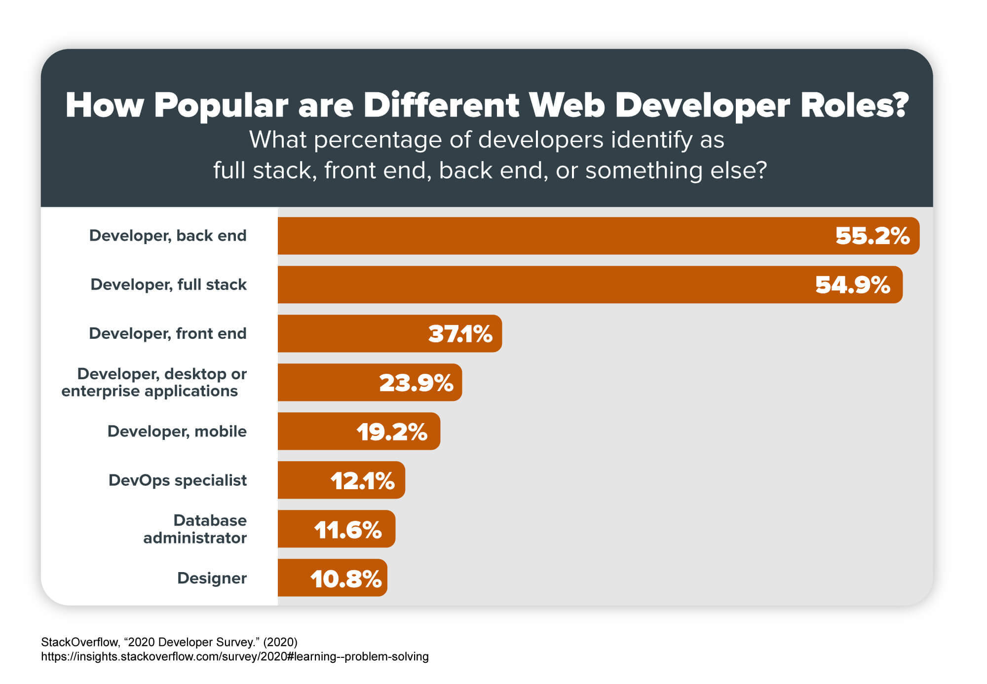 A chart that shows the percentage of developers who identify as full stack, front end, back end, or something else.